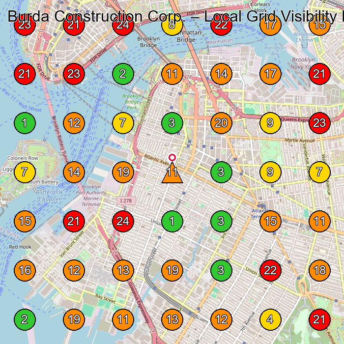 Burda Construction Corp. General Contractor GeoGrid ranking map for Brooklyn NY